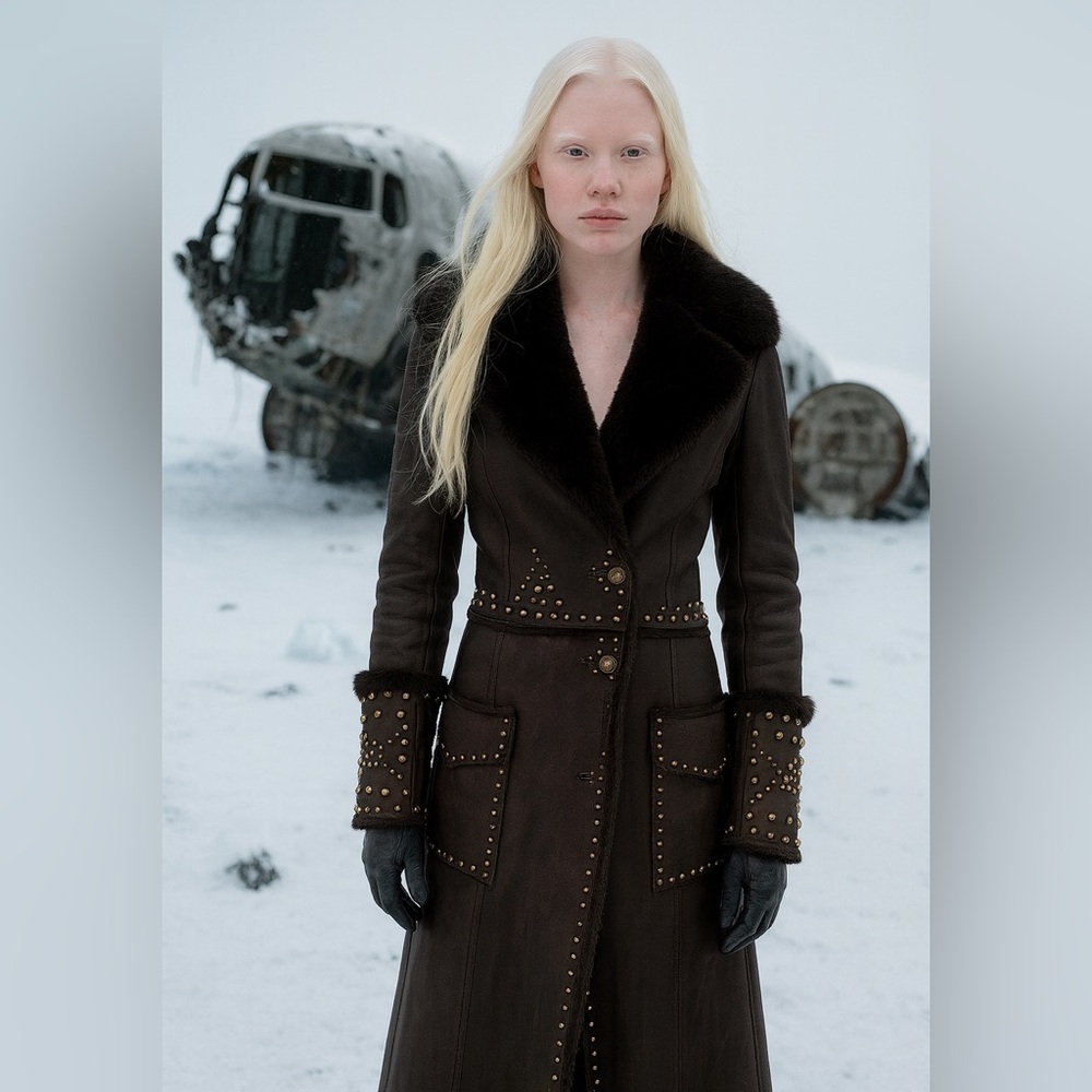 Barbara Bui Dark Brown Studded Shearling-Trim Long Coat